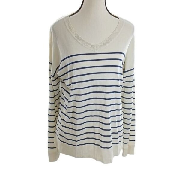 Talbots Sweater Womens Size M Ivory Navy Blue Striped V-Neck Lightweight - Picture 1 of 7